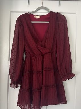 Altar’d State Burgundy Ruffle Tiered Long-Sleeve Mini Dress